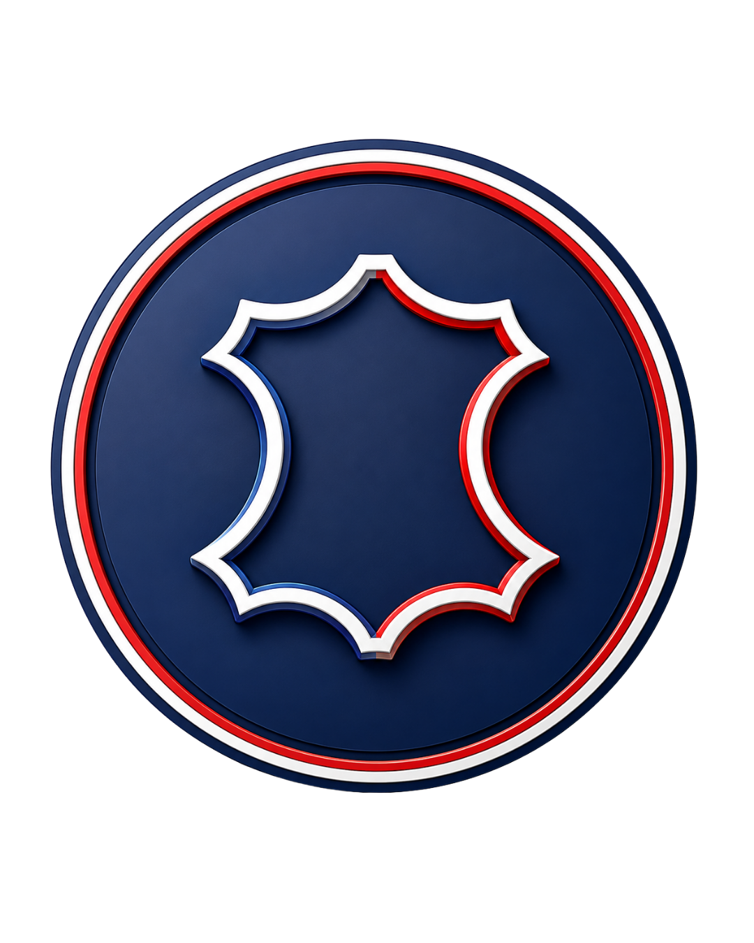 Logo rond avec un fond bleu, orné d'un contour rouge, blanc et bleu, avec une forme géométrique blanche au centre.
