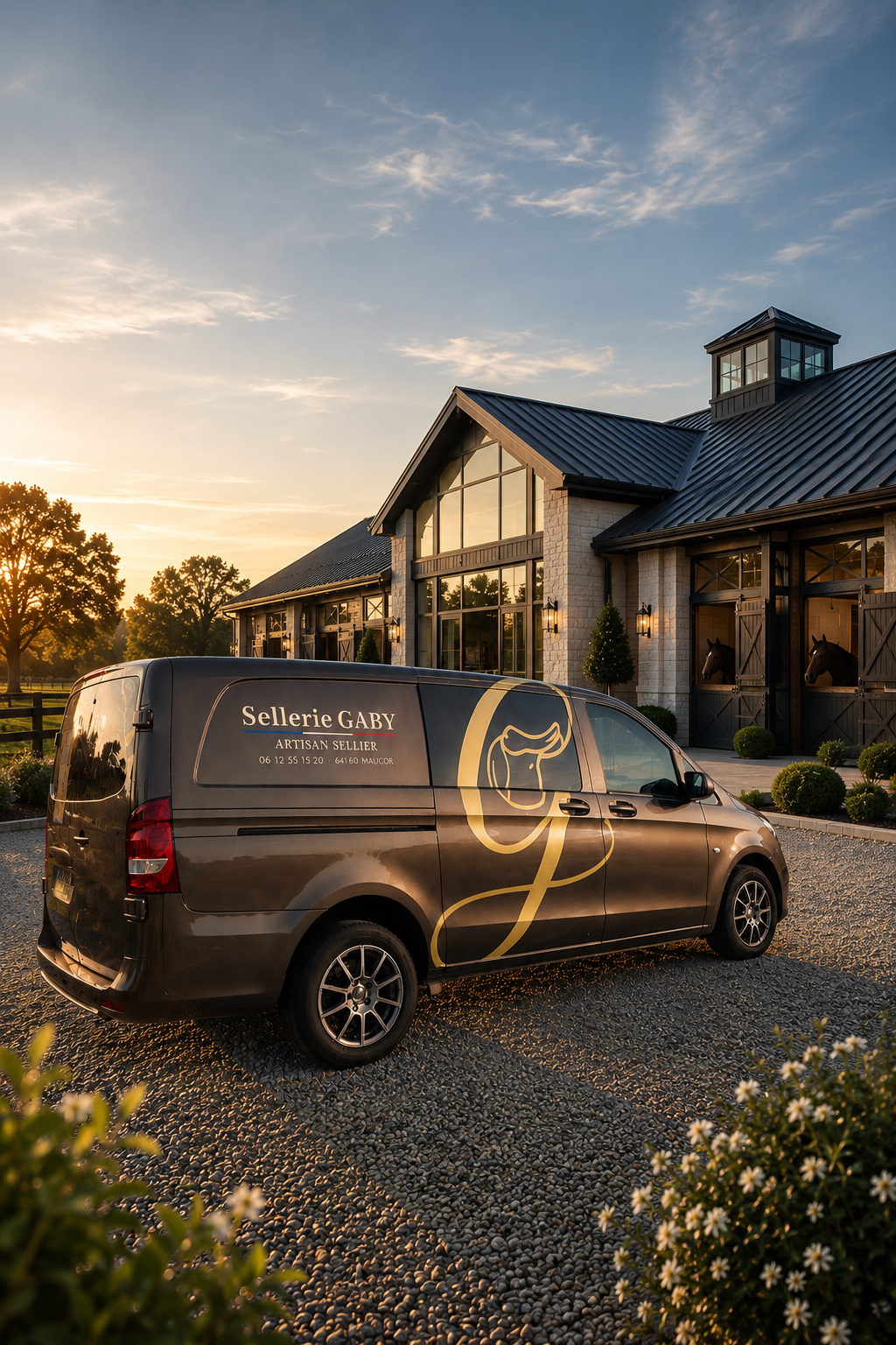 Un van noir avec le texte 'Sellerie GABY Artisan Sellier' stationné devant une grande maison avec des écuries, au coucher du soleil.