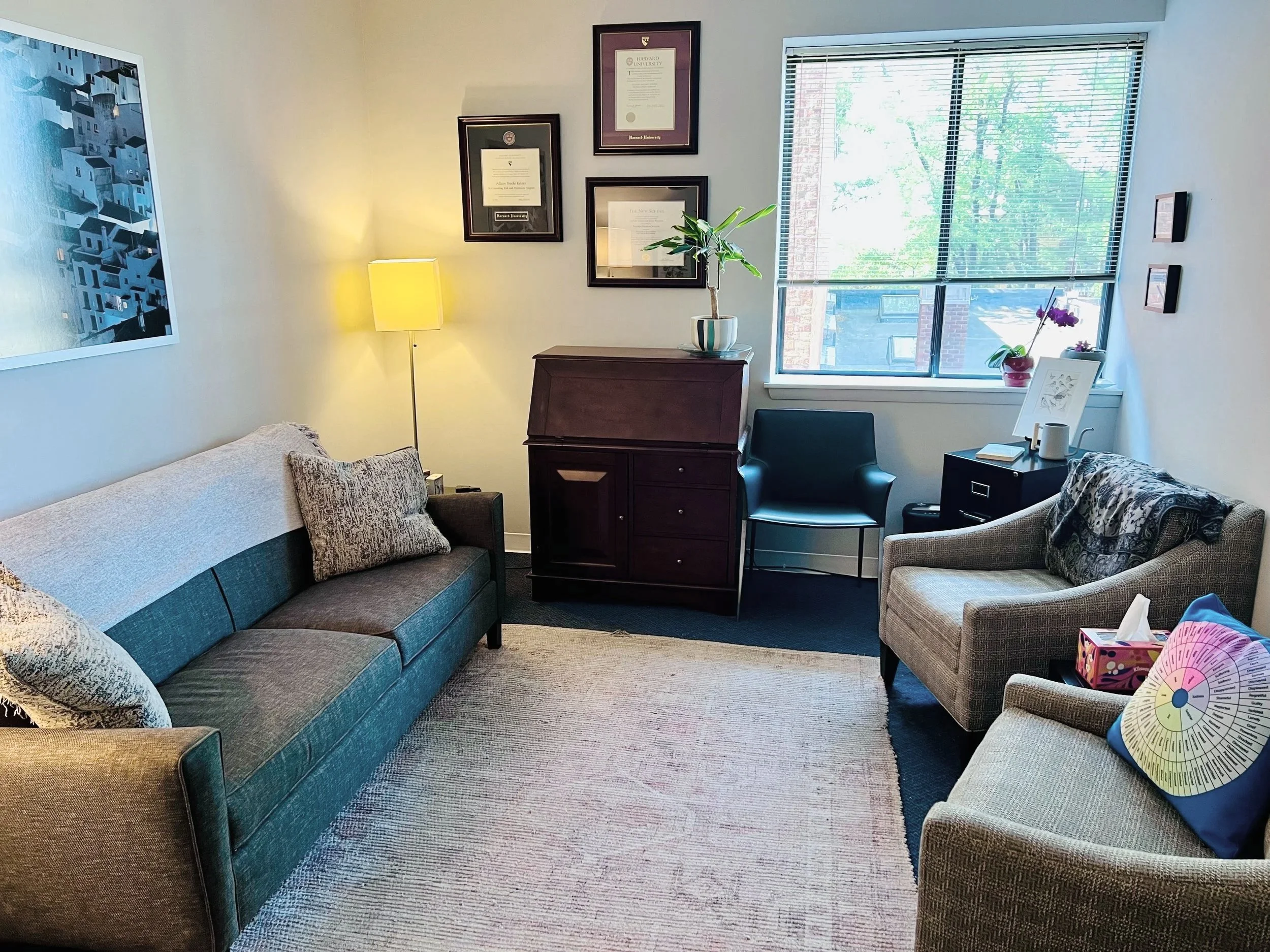 A cozy room with a gray and a beige sofa, decorated with patterned pillows. A wooden cabinet with a potted plant on top stands against the wall. Framed diplomas and certificates hang on the wall. A large window with blinds allows natural light, and there is a small table with a purple orchid and some items on it. The room has a beige carpet and various decorative elements.