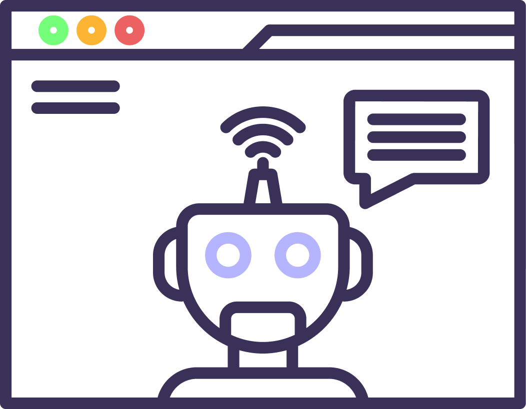 Digital illustration of a robot with an antenna on its head, this robot is inside a web browser window, which shows a Wi-Fi signal icon above its head and a speech bubble with lines of text.