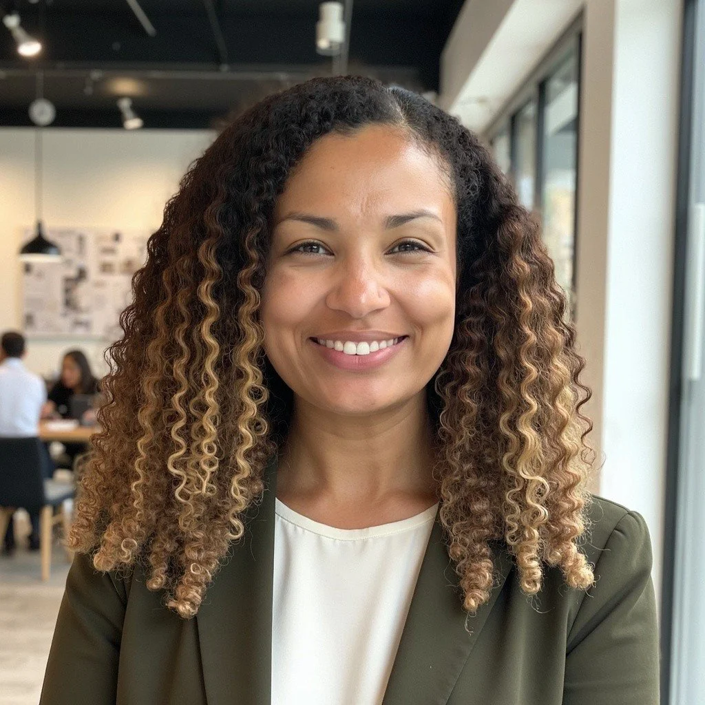 Smiling woman with curly, ombre hair in a cafe or restaurant, wearing a dark blazer and white top, with other people in the background.