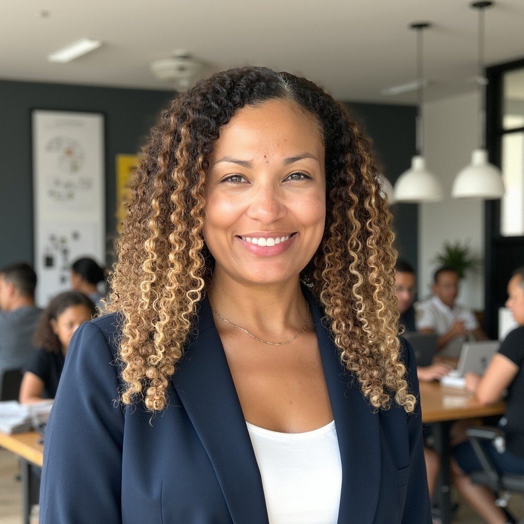 A smiling woman with curly hair standing in an office setting with coworkers working at a table in the background.