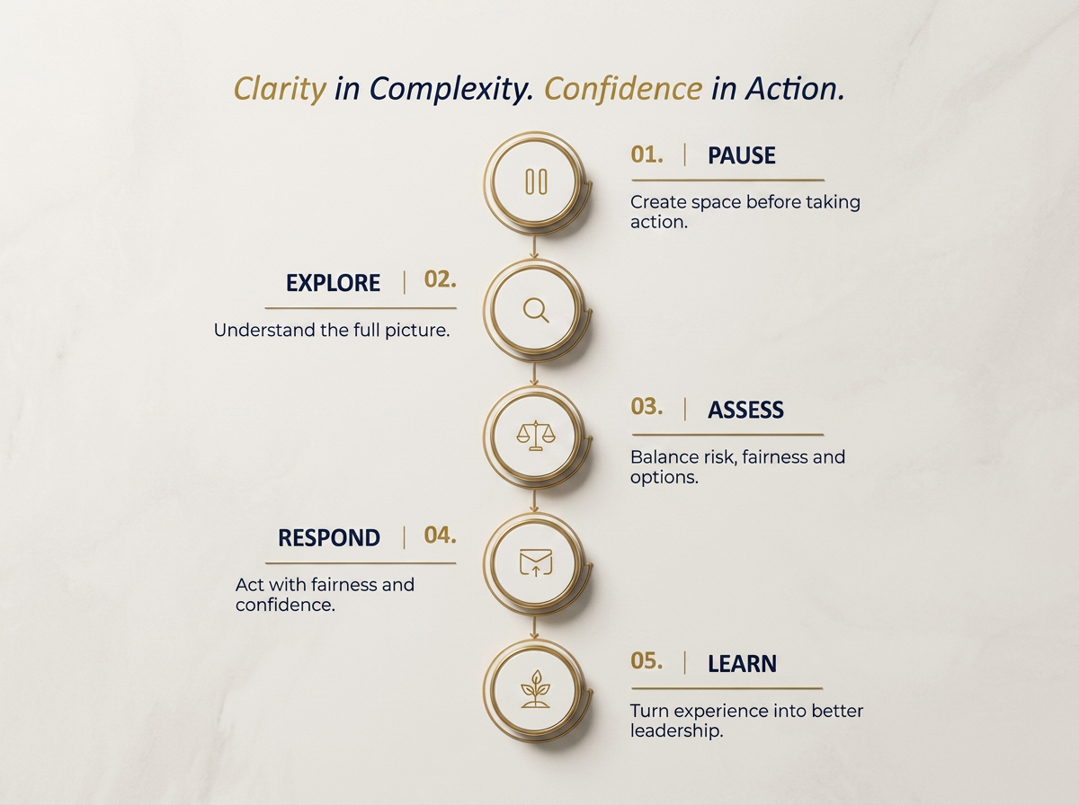 A step-by-step guide titled 'Clarity in Complexity. Confidence in Action.' with five steps: 1. Pause - Create space before taking action. 2. Explore - Understand the full picture. 3. Assess - Balance risk, fairness, and options. 4. Respond - Act with fairness and confidence. 5. Learn - Turn experience into better leadership. Each step is represented by a circular icon with minimalistic illustrations and text.