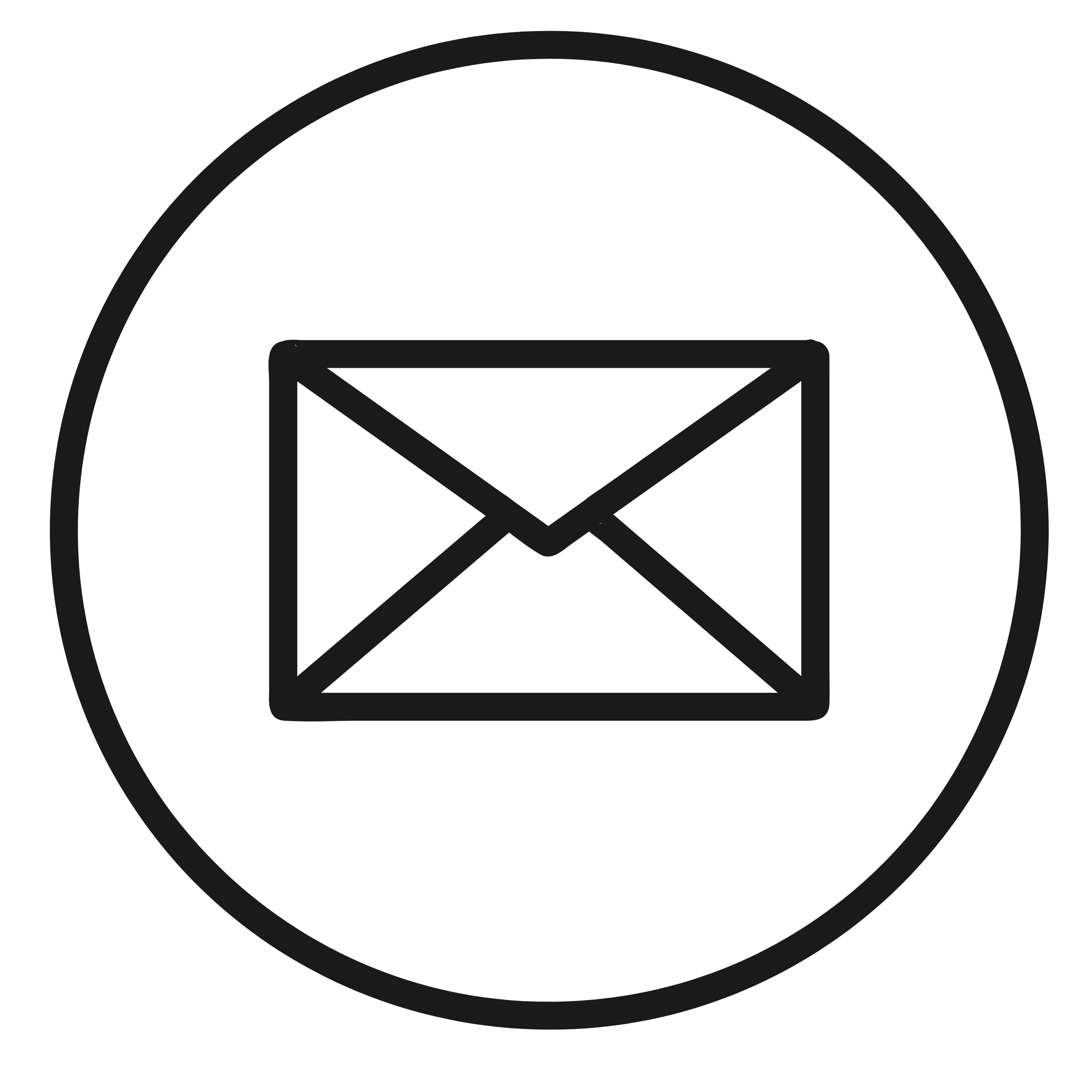 Black and white line drawing of an envelope, inside a circular border.