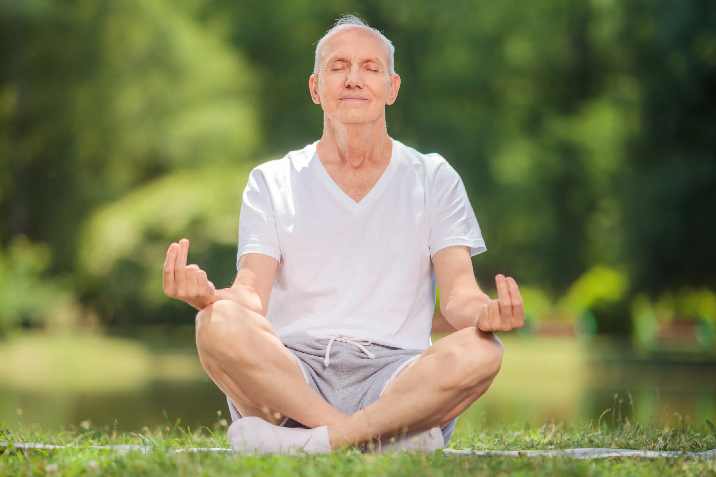 A senior man practicing yoga outdoors on a grassy area, sitting cross-legged with hands in a mudra gesture and meditative expression, surrounded by green trees.