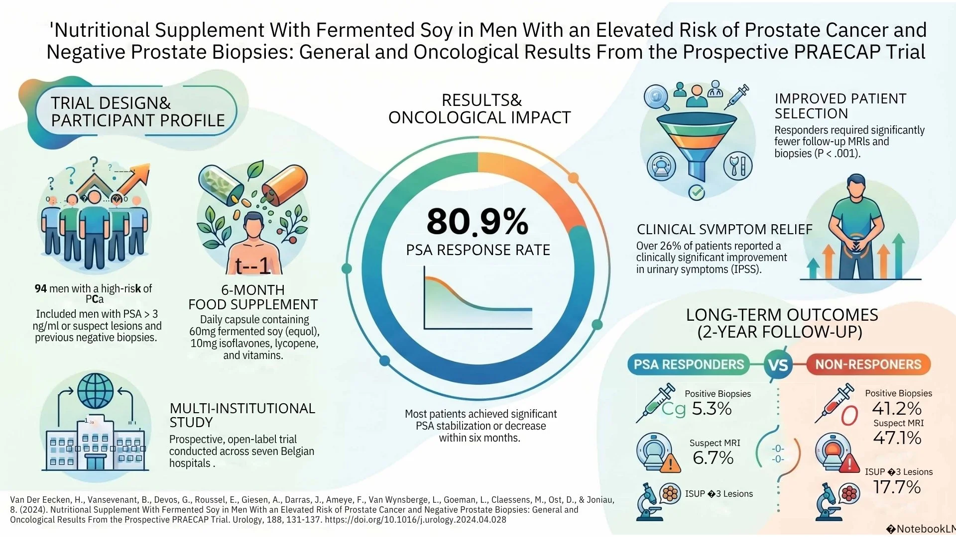 Infographic summarizing a study on fermented soy supplements in men at risk for prostate cancer, including trial design, participant profile, PSA response rate of 80.9%, and long-term outcomes with biomarkers and imaging results.
