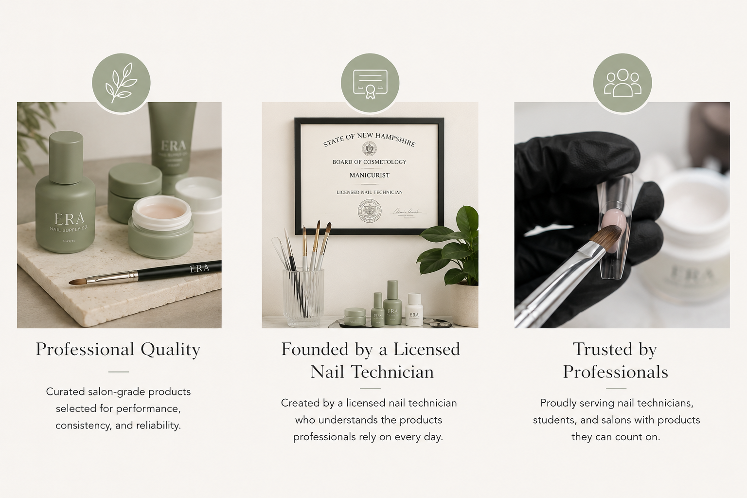 Image showcasing nail care products, a framed certificate, and nail technician tools. The left side features green nail products and a brush, with text "Professional Quality." The center displays a certificate and nail supplies, with text "Founded by a Licensed Nail Technician." The right side shows a gloved hand holding nail tools, with text "Trusted by Professionals."