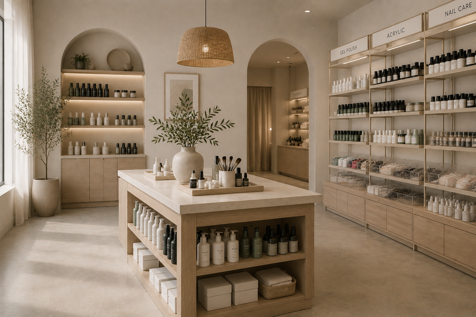 A minimalist nail salon with light wood shelves and storage units, displaying various bottles of nail care products and tools, beige walls, a large window with sheer curtains, and decorative greenery in vases, creating a calm and inviting atmosphere.