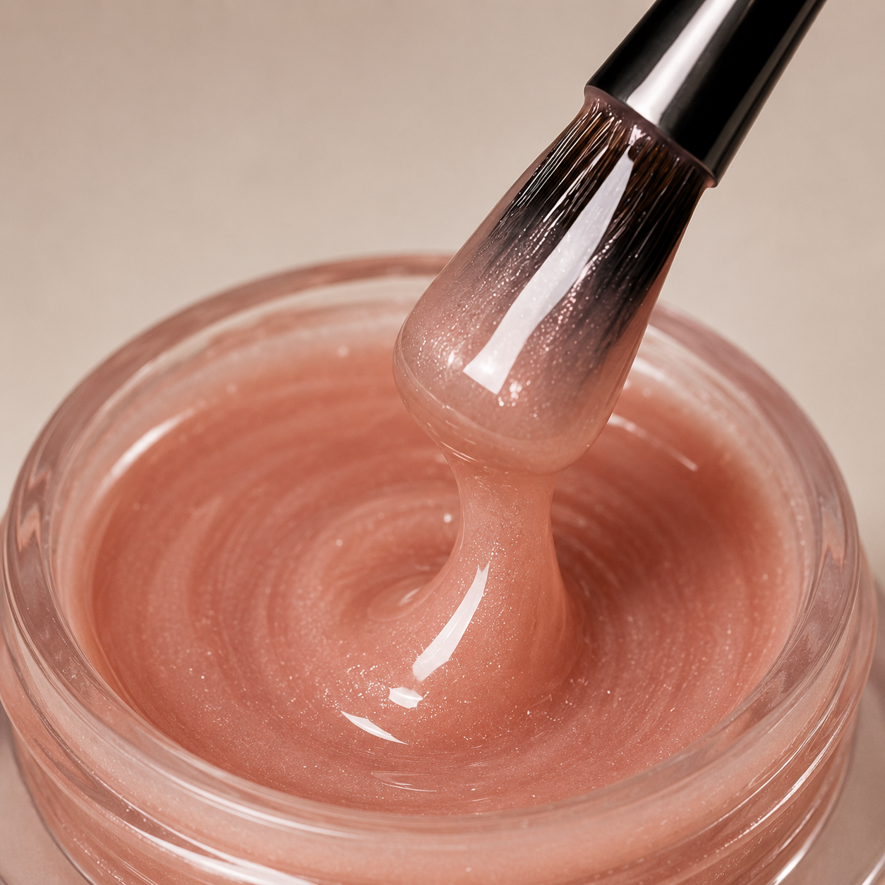 A makeup brush dipping into a jar of pink, shimmery gel product