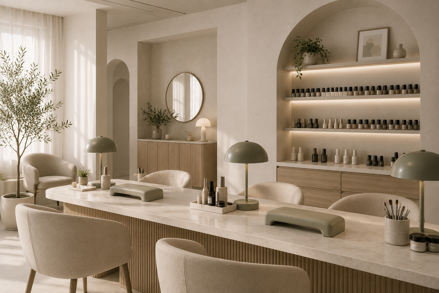 A minimalist nail salon interior with a long marble work table, cream-colored chairs, modern table lamps, and a wall display of nail polish bottles on built-in shelves.