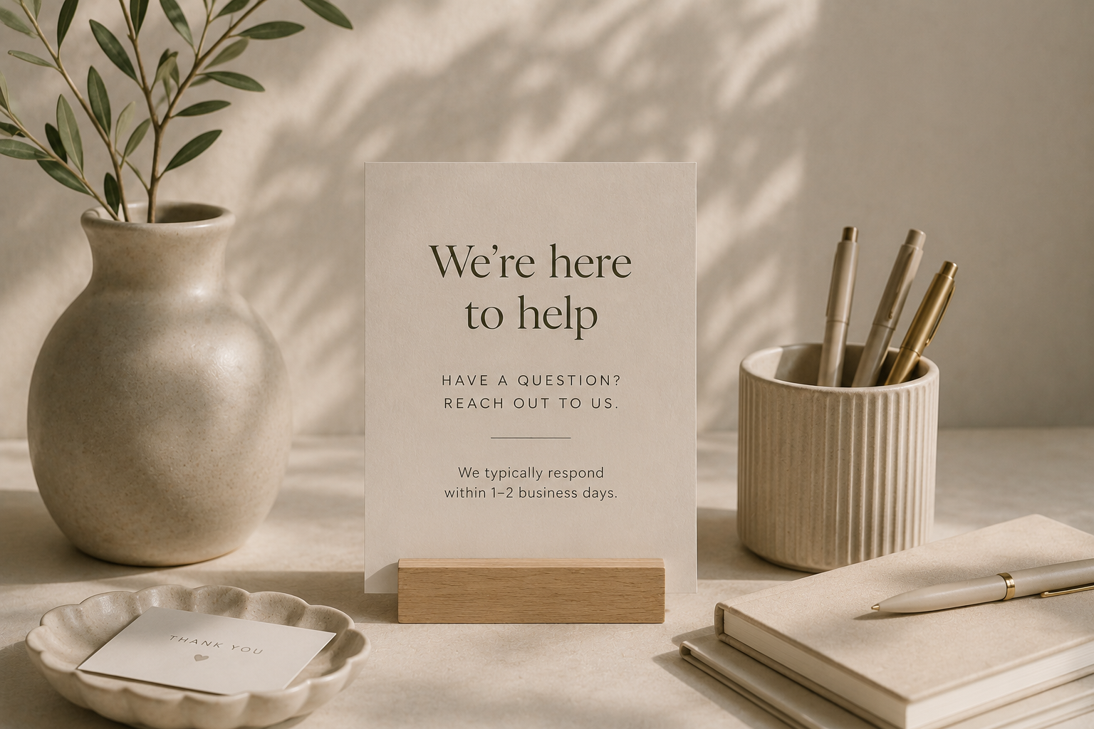 A beige table with a white vase containing green leaves on the left, a sign that reads 'We're here to help' in the center, a ribbed ceramic cup with three pens on the right, a small 'Thank You' note in a dish, and closed notebooks with a pen on top, all in soft natural lighting.