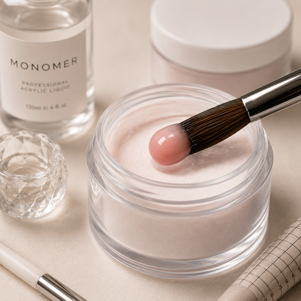 Open jar of pink powder with makeup brush resting on it, surrounding items include skincare or cosmetic products, a glass jar, a pen, and a textured tube, all in neutral tones.