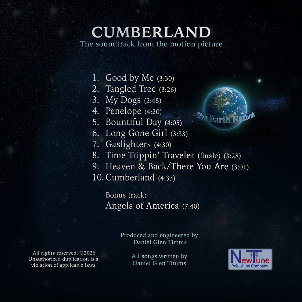 Tracklist for Cumberland soundtrack album by Blue Earth Records, featuring ten songs and one bonus track, with a space-themed background including stars and Earth.