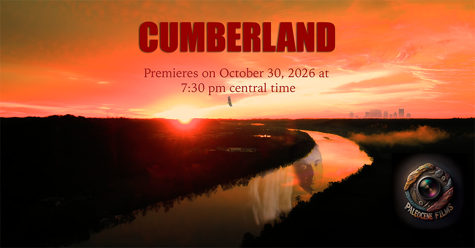 A promotional poster for the film 'Cumberland' showing a sunset over a river with a city skyline in the distance. The poster includes the film's premiere date and time, October 30, 2026, at 7:30 pm, and features a logo for Paleocene Films.