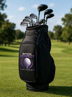 Black golf bag and clubs with the Pitch Perfect Golf Events logo on the front
