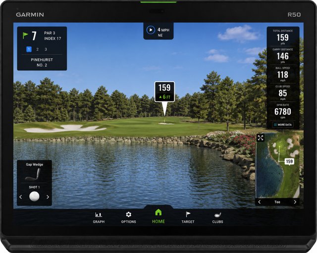Golf simulator screen showing the distance to the hole over a lake on a golf course