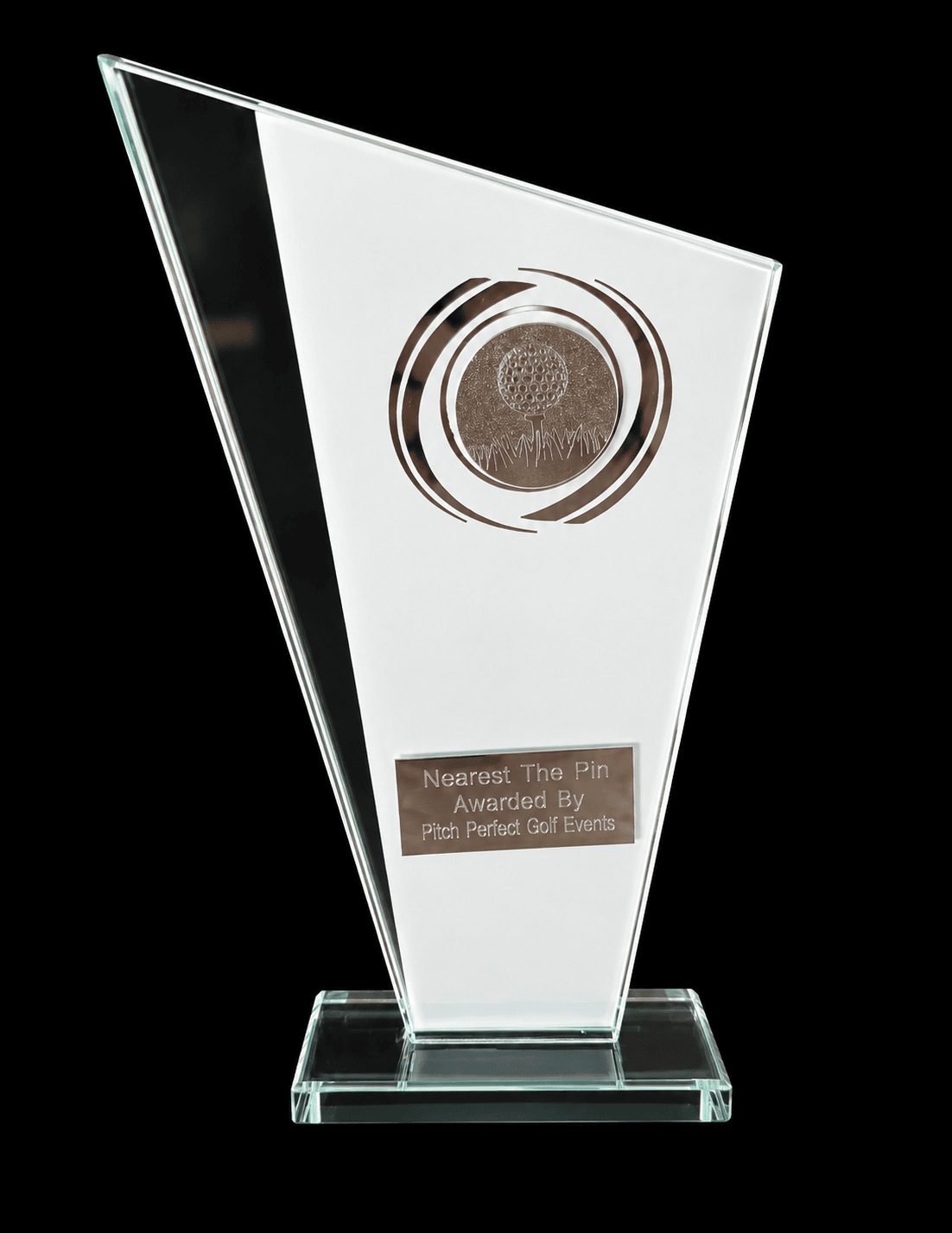 A silver and glass trophy showing a golf ball and engraving that reads Nearest The Pin awarded by Pitch Perfect Golf Events
