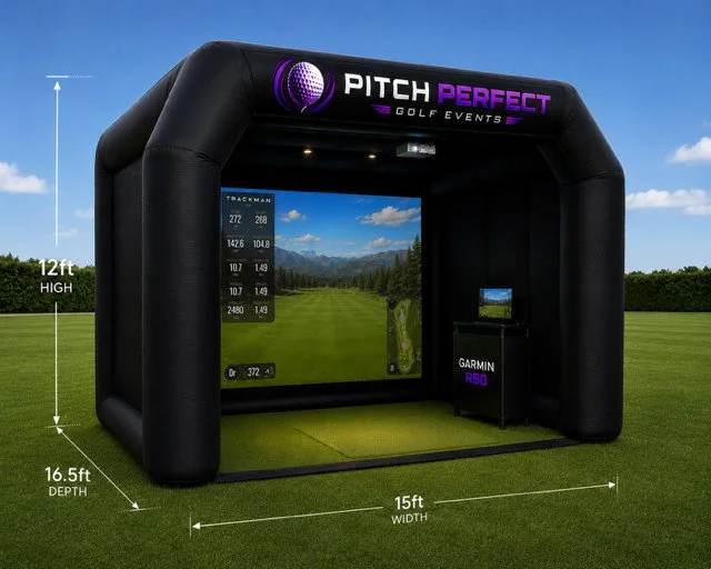 An inflatable golf bay showing the height, depth and width of the unit which measures at 12ft x 16.5ft x 15ft