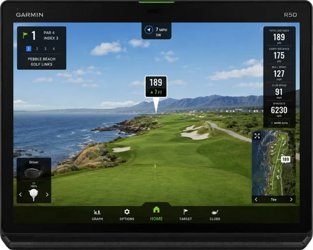 Golf simulator screen showing the distance to the hole on a links golf course