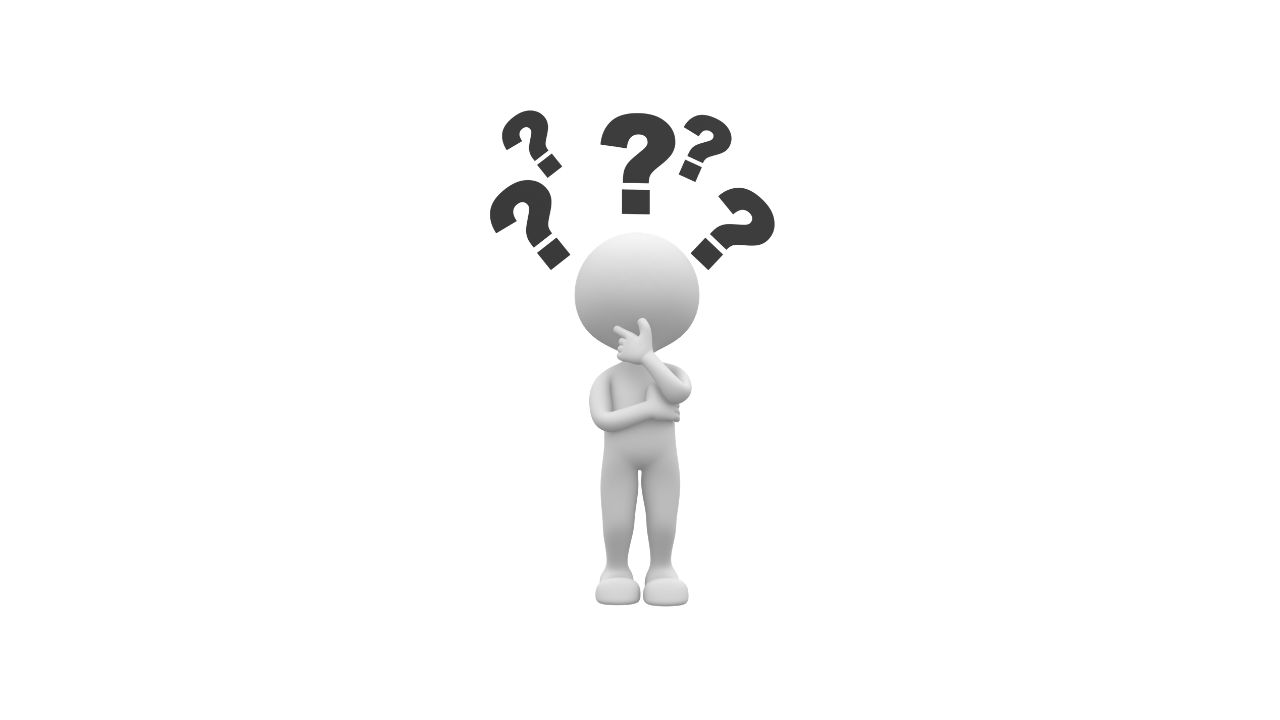 A 3D humanoid figure with a hand on its chin, surrounded by floating black question marks.