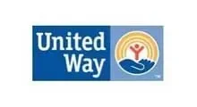 United Way logo with blue background, white text, and a colorful emblem of a person with arms raised inside a circle