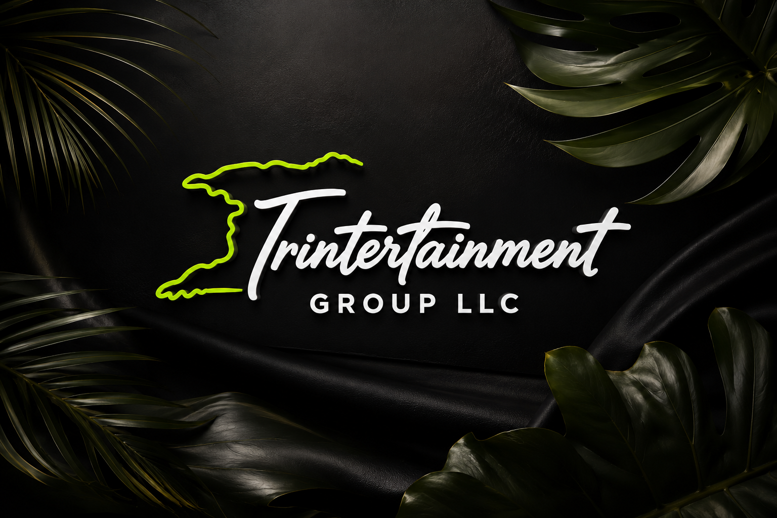 Neon sign with the outline of the state of North Carolina in yellow and the words 'Trintertainment Group LLC' in white, surrounded by tropical leaves on black background.