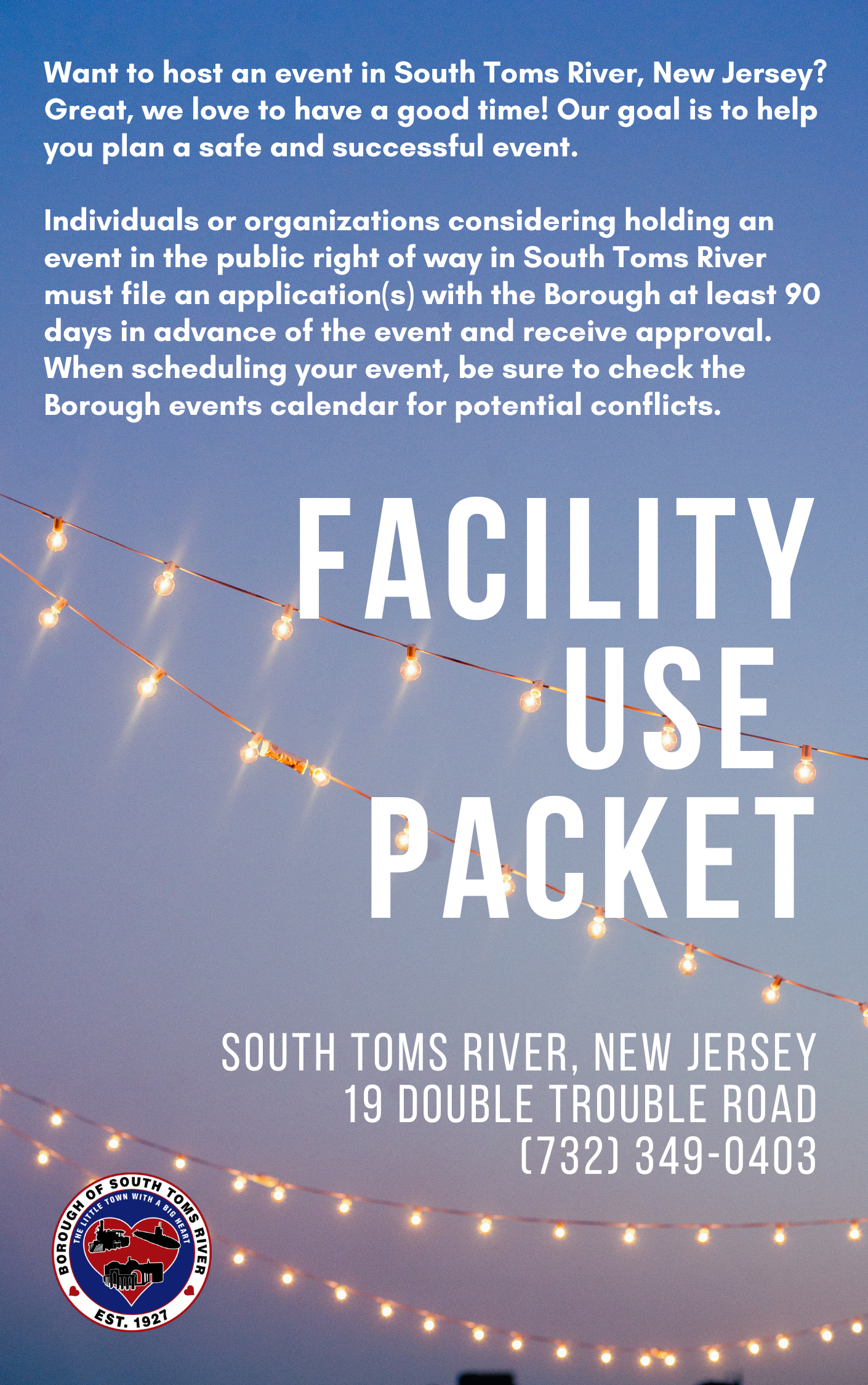 Information about hosting events in South Toms River, New Jersey, including address and contact number, with decorative string lights and a borough emblem at the bottom left corner.