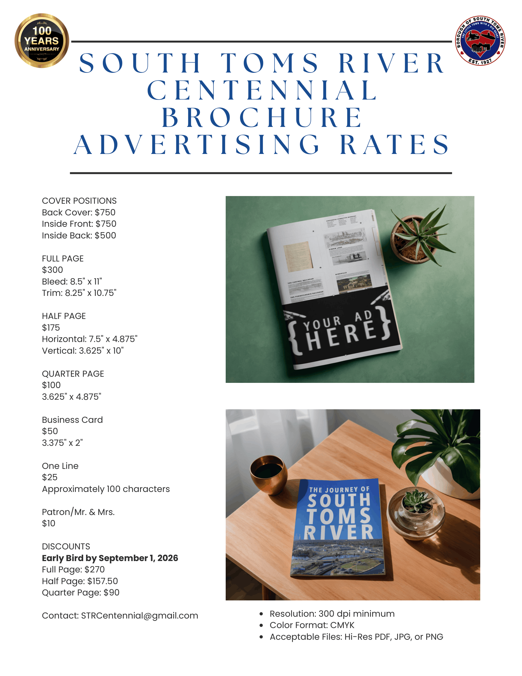 Brochure for South Toms River Centennial, advertising rates for various print sizes, including cover, full page, half page, quarter page, business card, and one line. The brochure features contact information, discount details, and specifications for print quality.