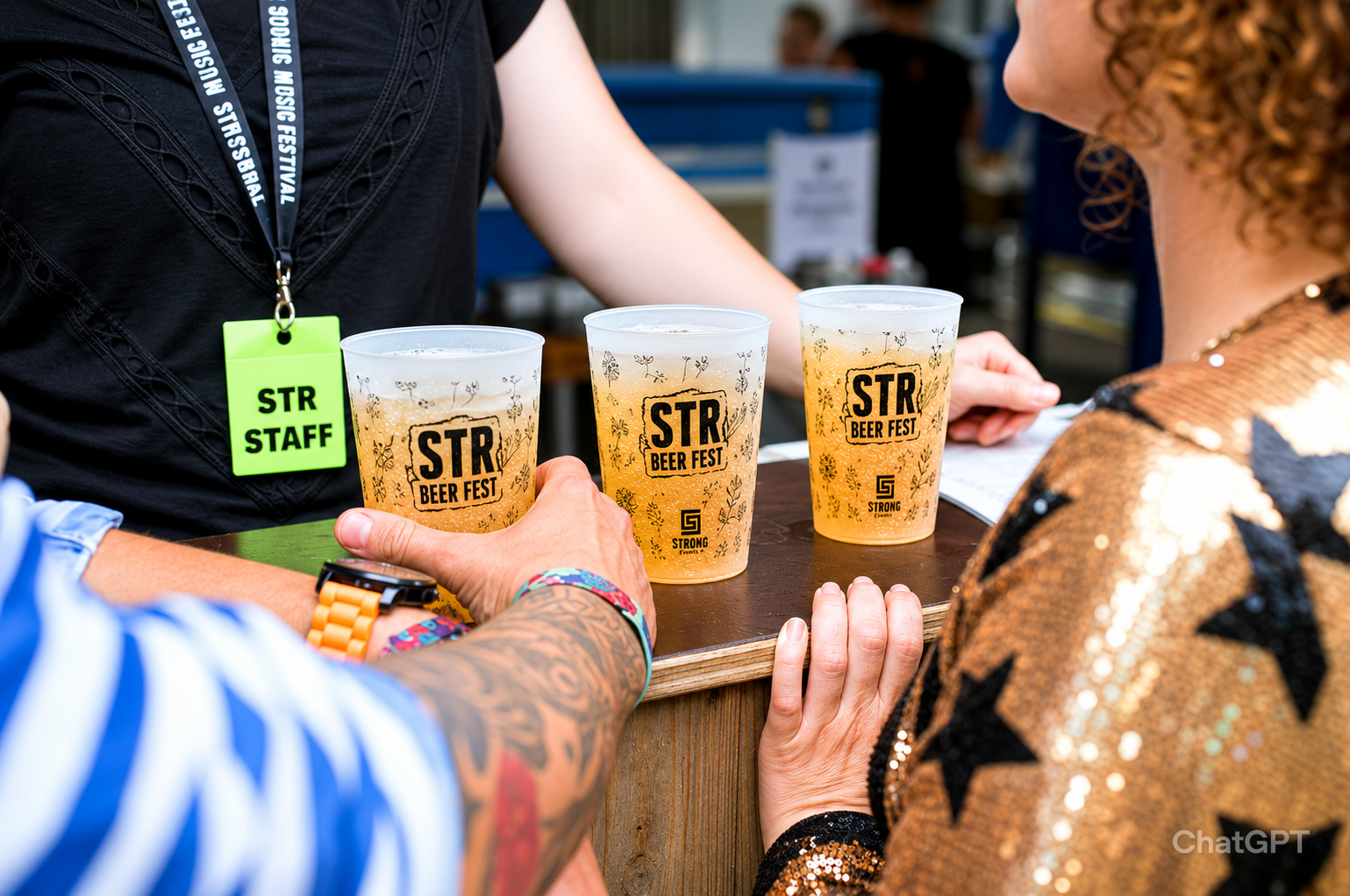 People at a bar or booth with three plastic cups of beer that have the logo 'STR Beer Fest' on them, and a person wearing a black shirt with a 'STR STAFF' badge around their neck, serving or handing over the drinks.