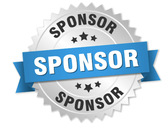 A gray circular badge with a zigzag edge, featuring the words 'SPONSOR' at the top and bottom, and a blue ribbon across the center with the word 'SPONSOR' in white letters.