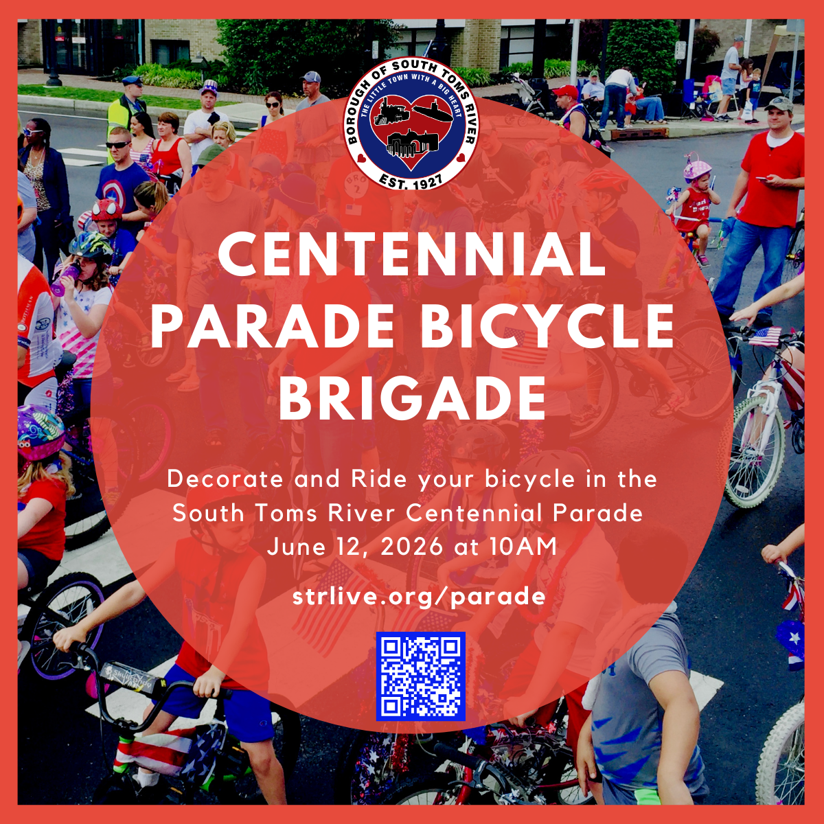 Poster for the Centennial Parade Bicycle Brigade with event details, a red circular overlay, and a background of people and children with bikes at a parade.