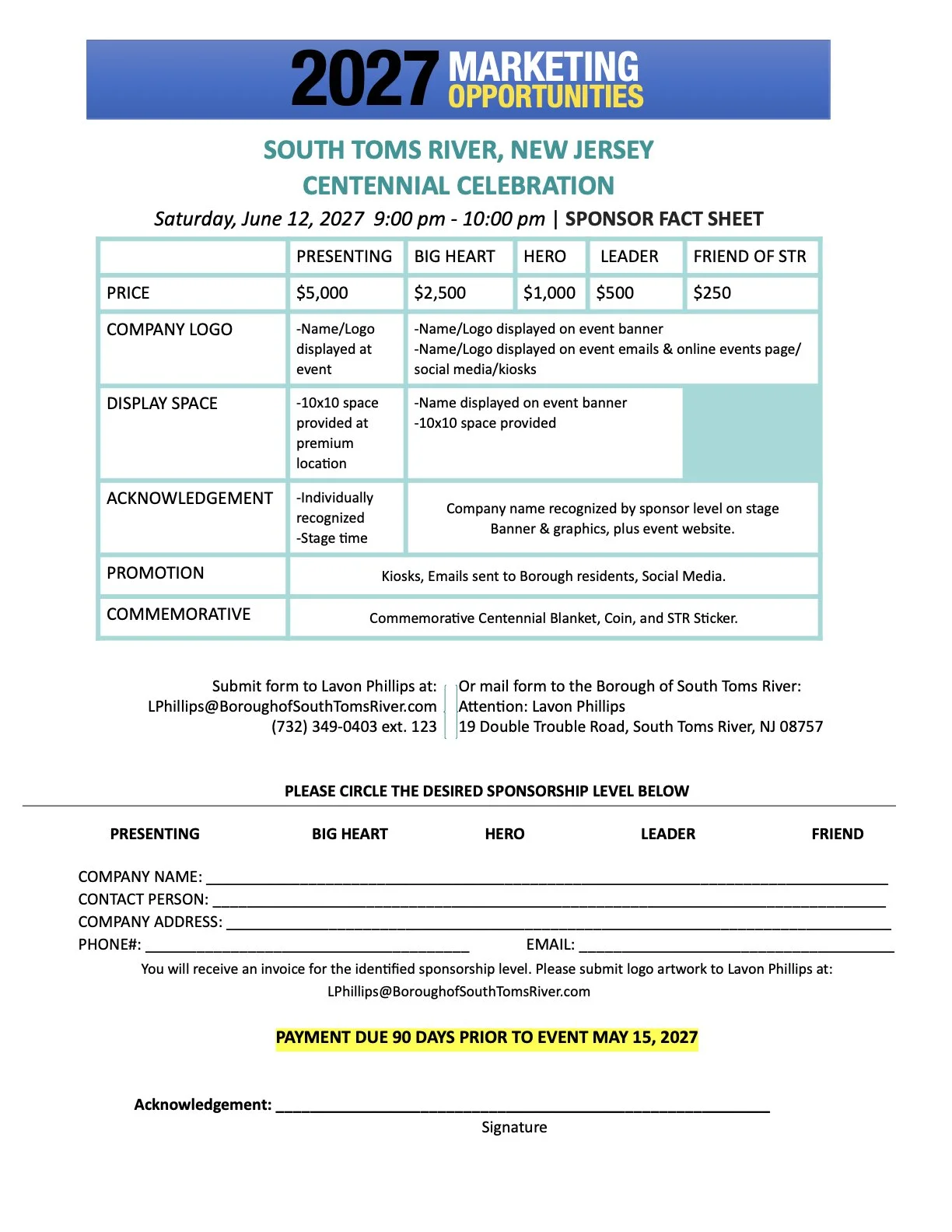 Event sponsorship form for South Toms River, New Jersey, Centennial Celebration on June 12, 2027, with details on sponsorship levels, costs, and submission instructions.