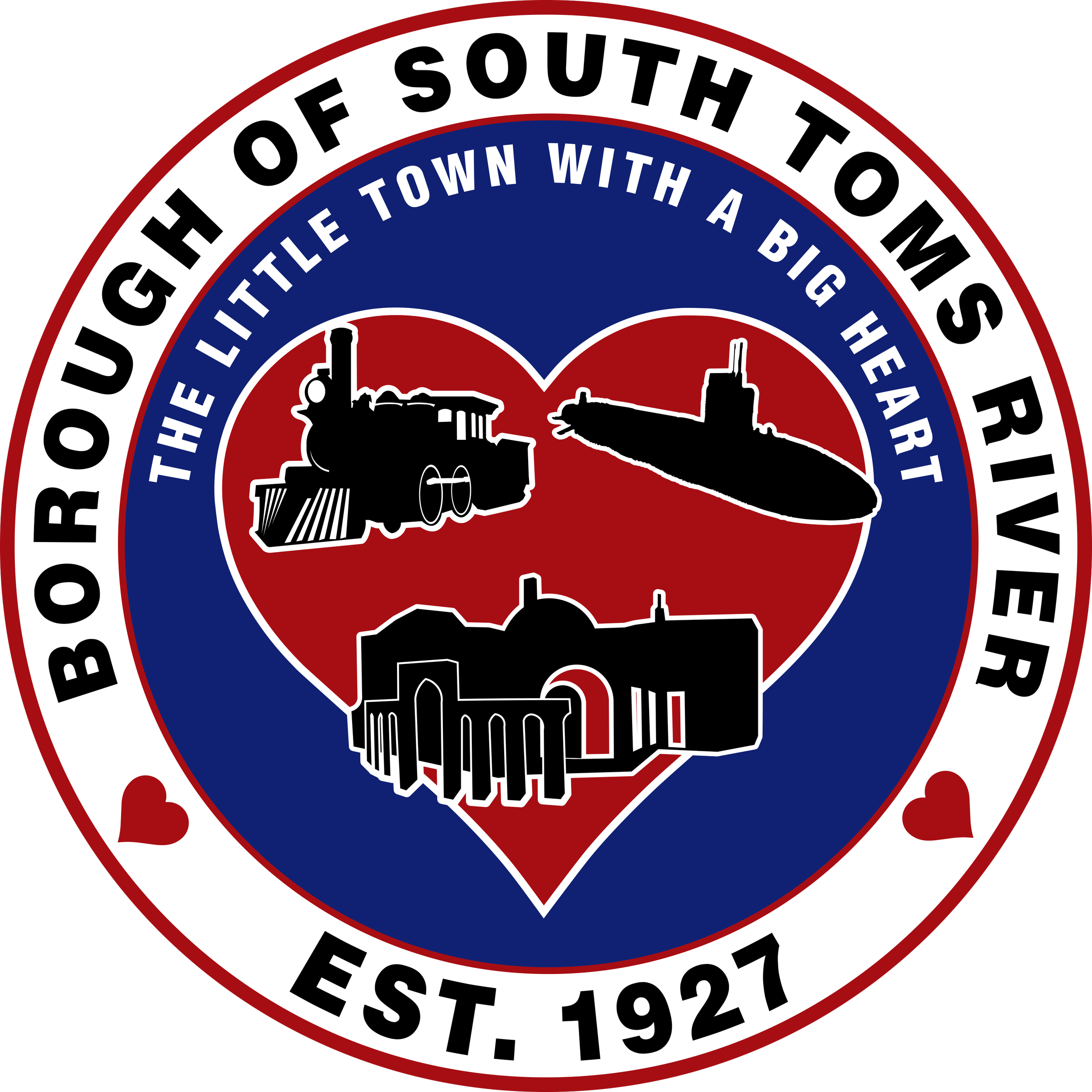 Circular emblem with red, white, and blue colors. The outer ring has black text reading 'BRIDGE OF SOUTH TOWN WITH A BIG HE...' and the inner part features a silhouette of a train locomotive with a hand reaching out.