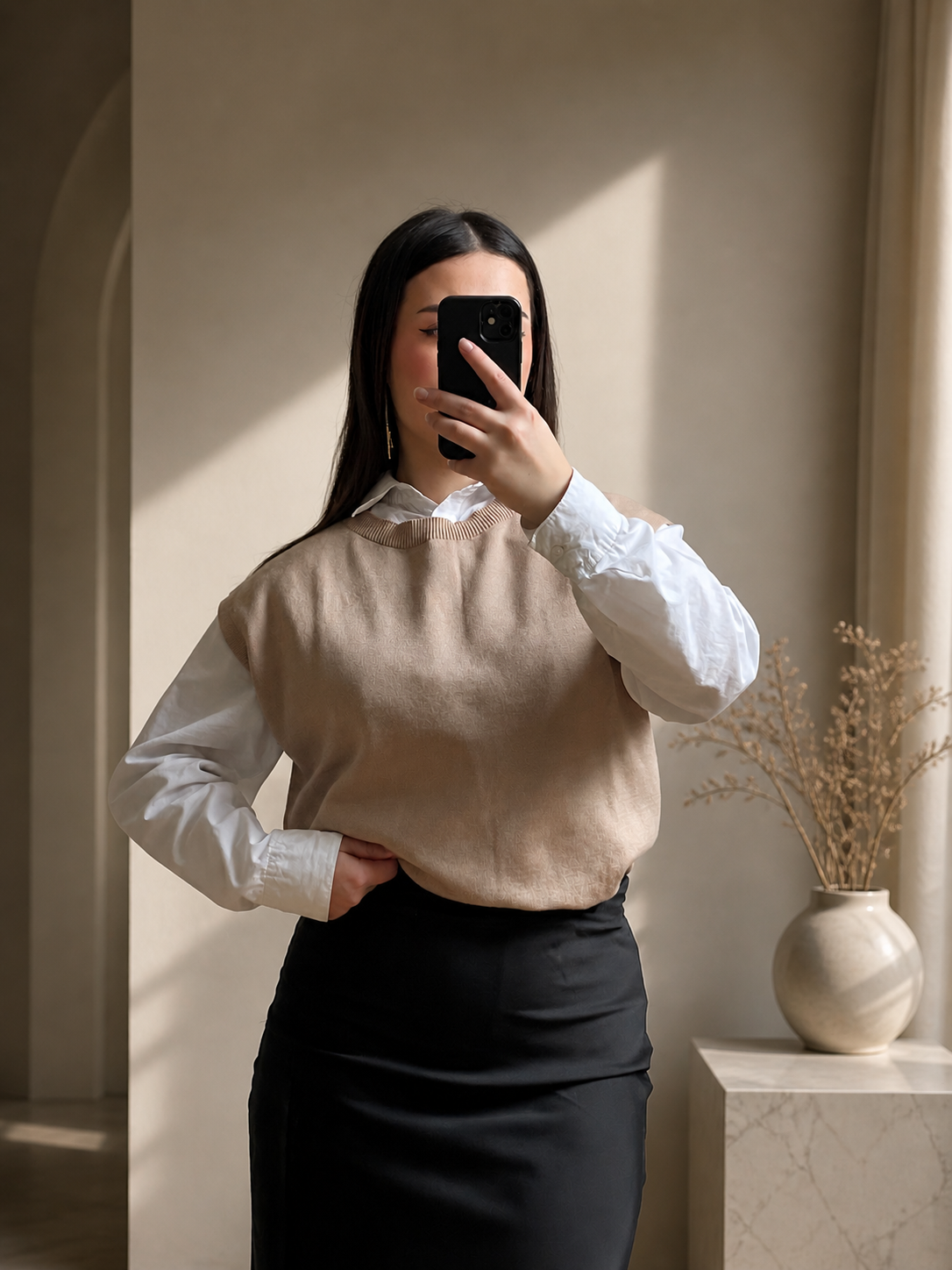 Femme prenant une auto-portrait dans un miroir, portant un pull beige sur une chemise blanche et une jupe noire, avec un vase beige et des branches sèches en arrière-plan.