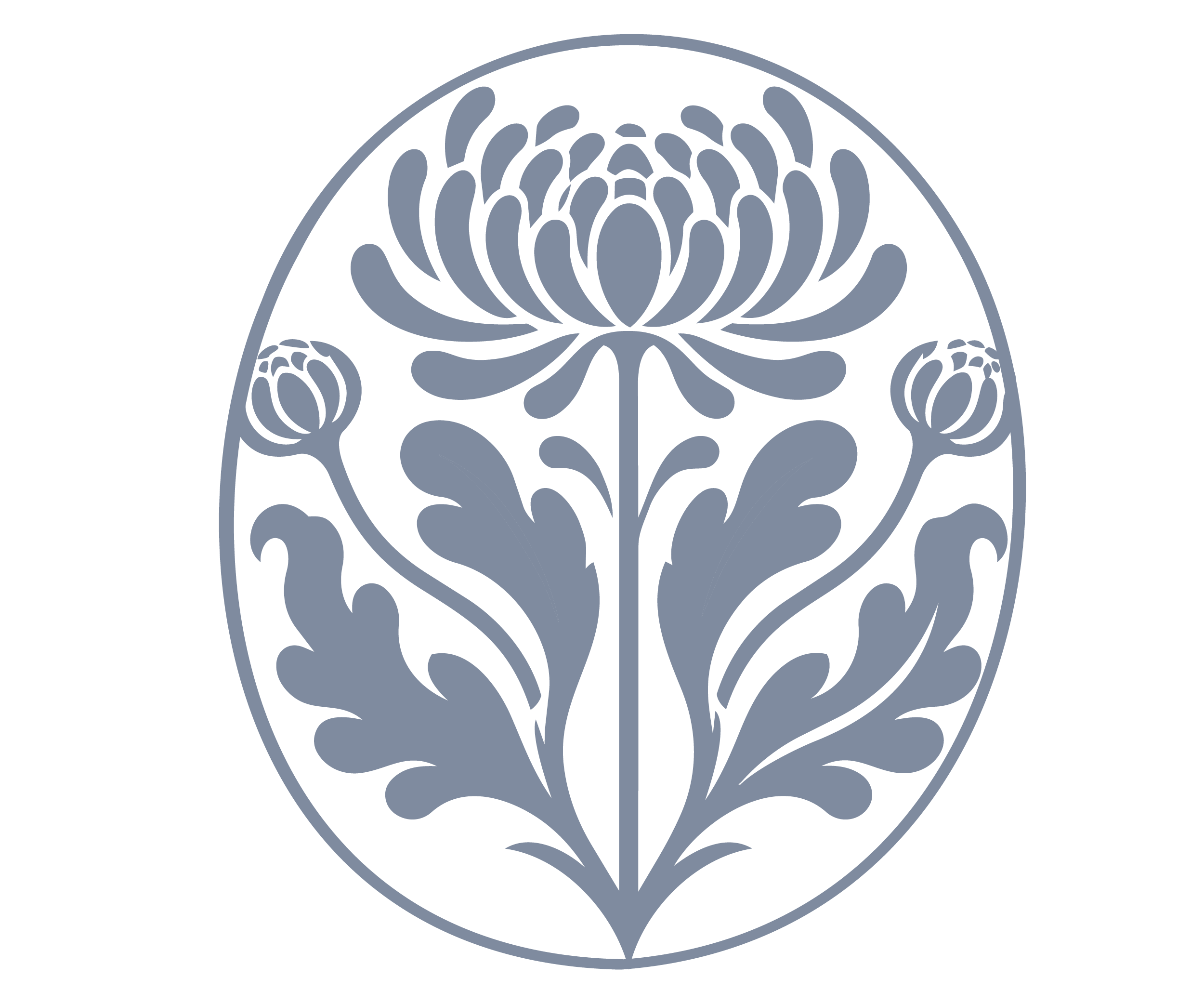 A stylized, intricate design of a lotus flower inside a circular border, rendered in shades of gray on a black background.