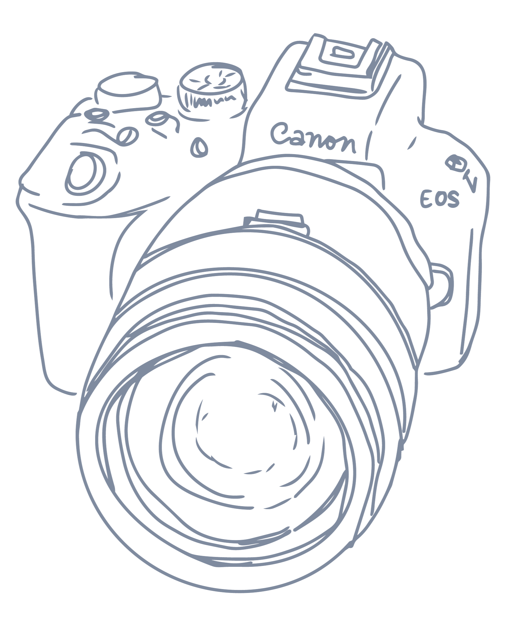 Line drawing of a Canon EOS camera with a lens, various buttons, and a viewfinder on top, all in a sketch style.