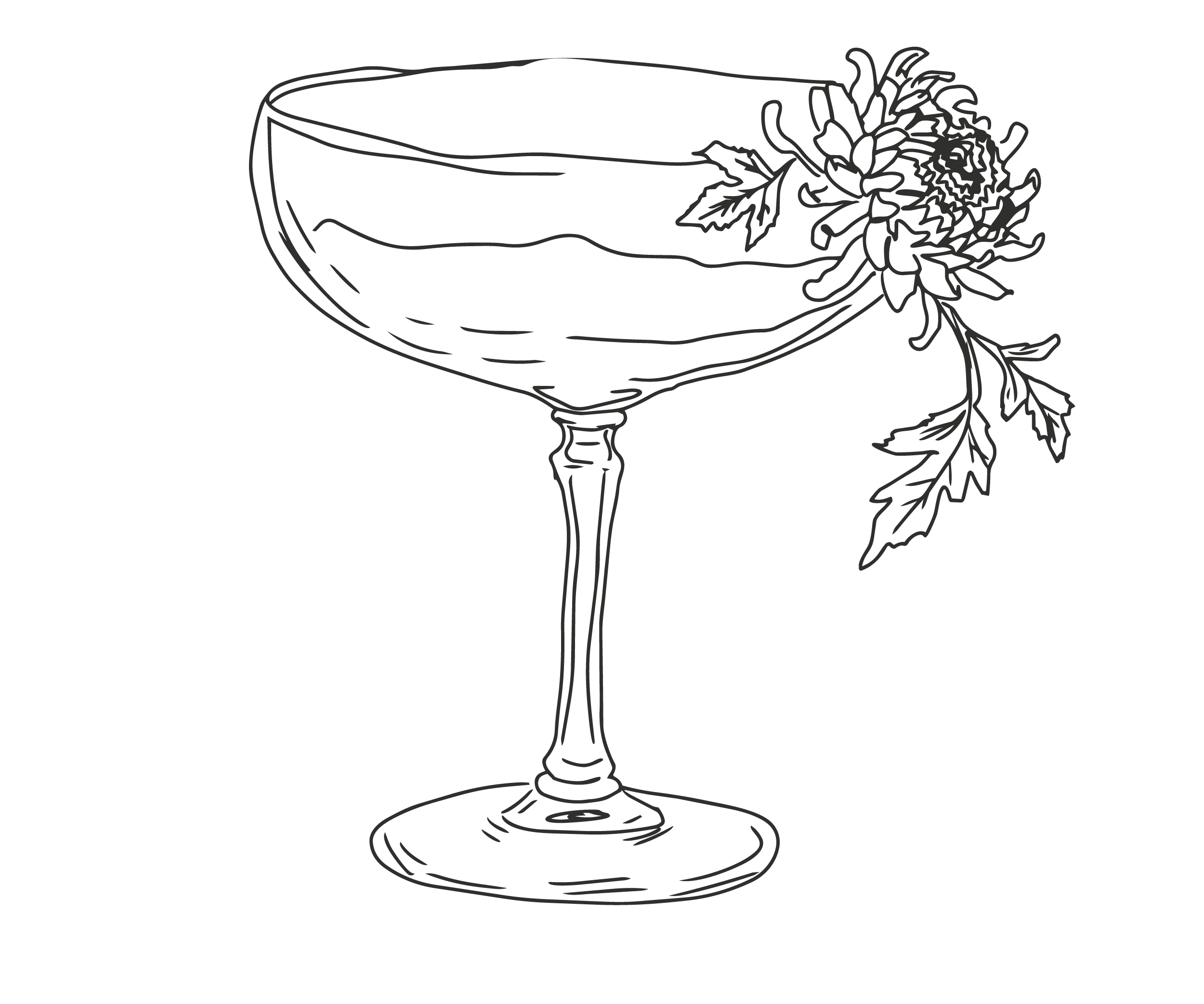 Outline drawing of a wine glass with a flower and leaves attached to its rim.