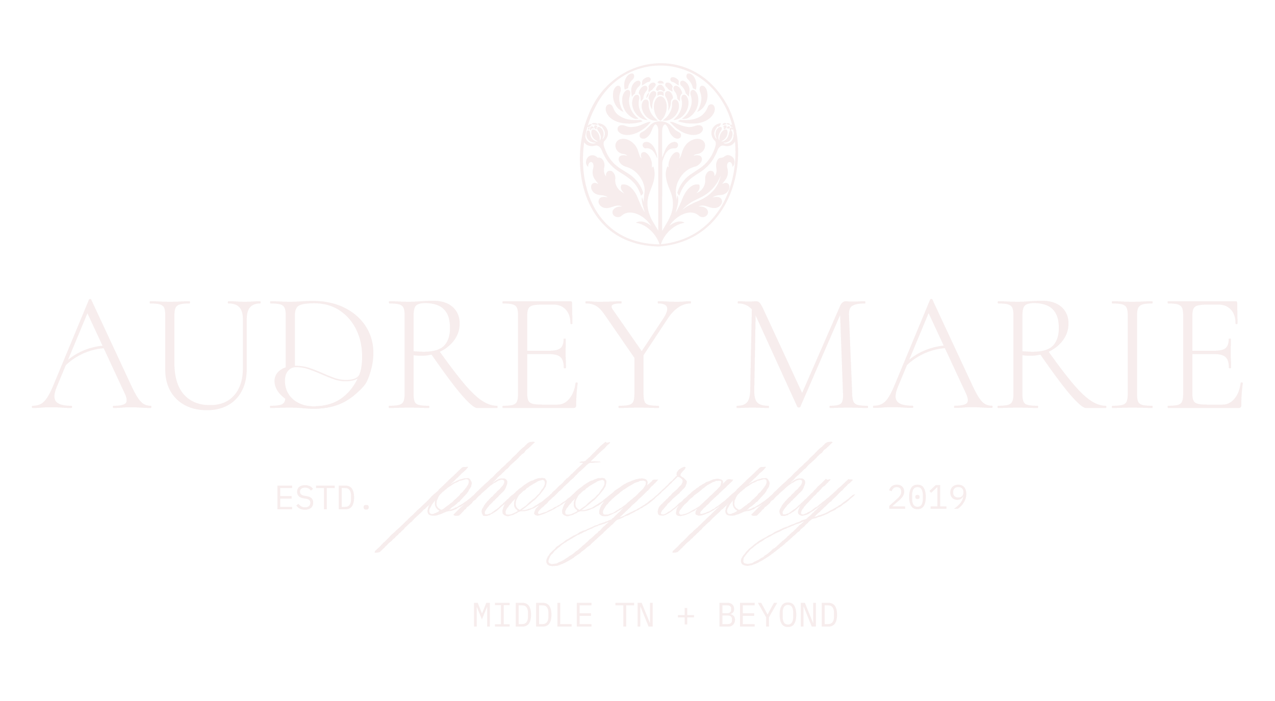 Black background with white cursive and serif text reading 'Aubrey Maire Photography Estd. 2019 Middle TN + Beyond' and a floral emblem logo above.