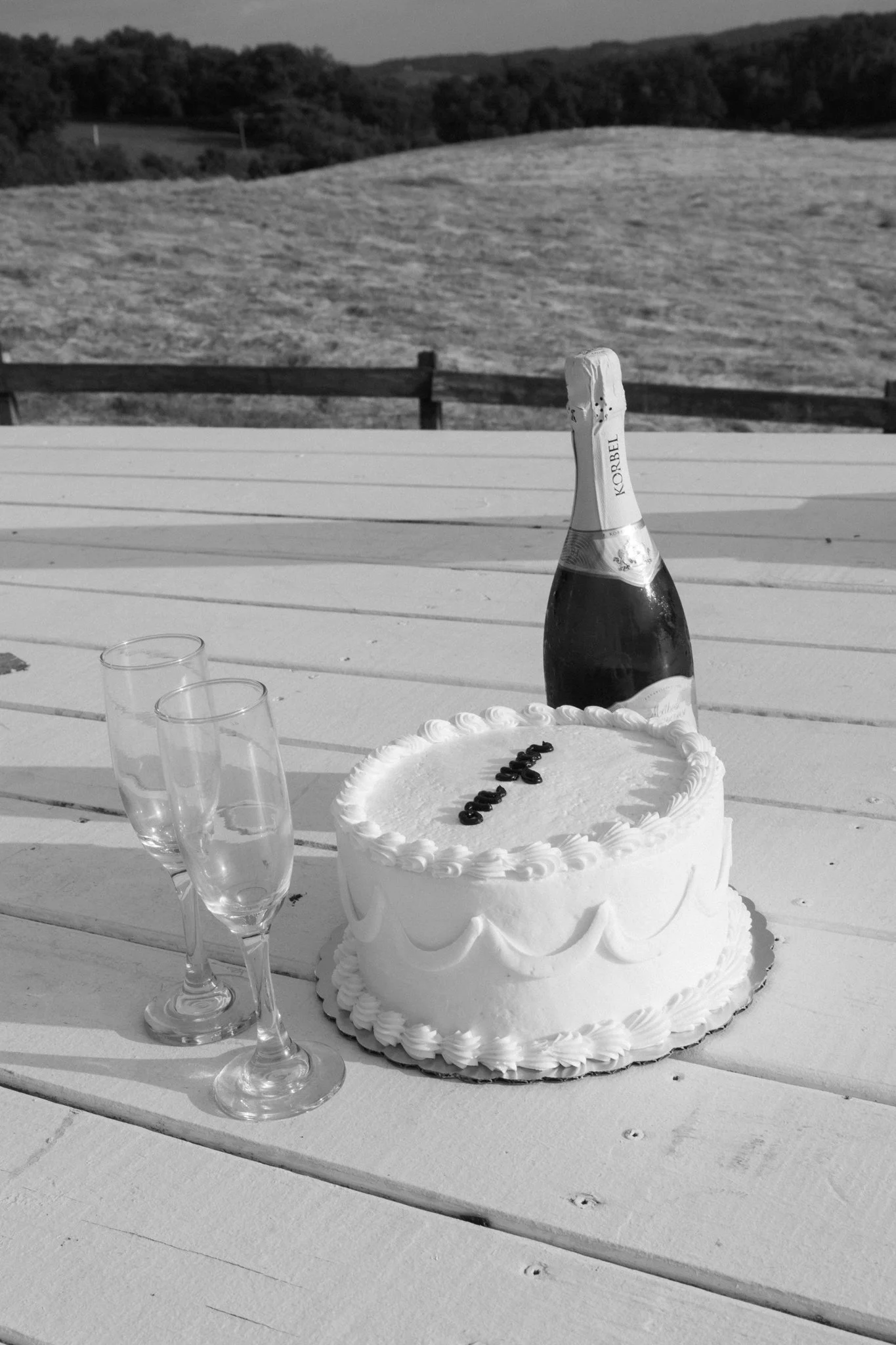A wedding cake on a table with a bottle of champagne, four empty champagne glasses, and a white tablecloth, set outdoors with a hilly landscape in the background.