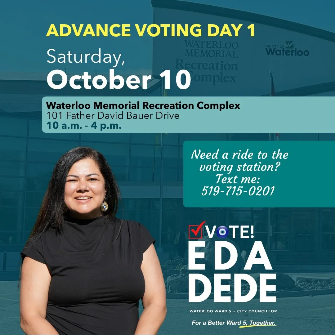 Hello Waterloo! Election day is just around the corner, and Advance Voting starts tomorrow!

I already have a whole team scheduled to give rides to residents tomorrow, and we still have available time and space!

If you need a ride, just text me at 5