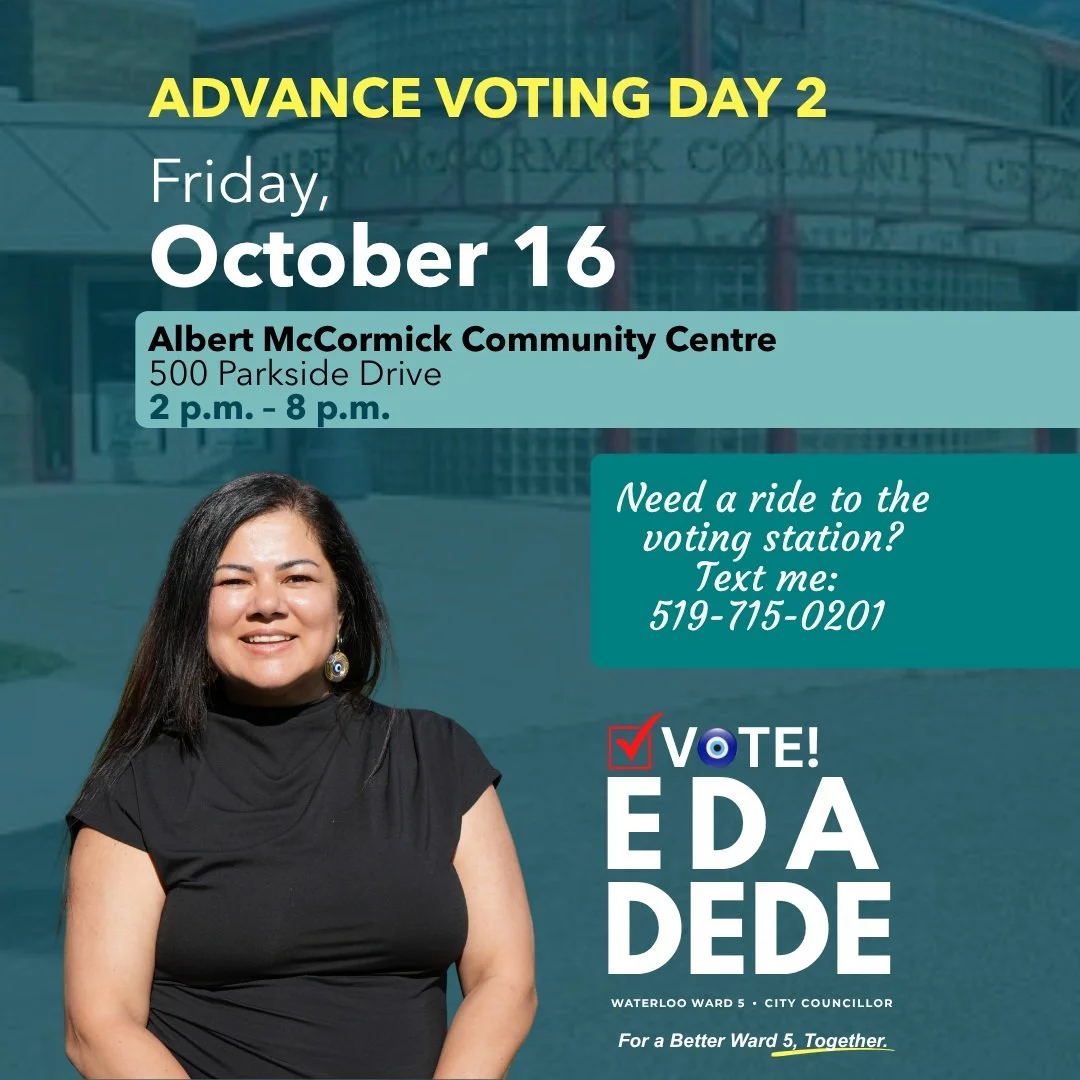 Last round of advance voting starts tomorrow!

If you need a ride, just text me at 519-715-0201 with your address and preferred time to vote, and I will arrange a pickup and drop-off. The only things you will need are a piece of ID showing your name 
