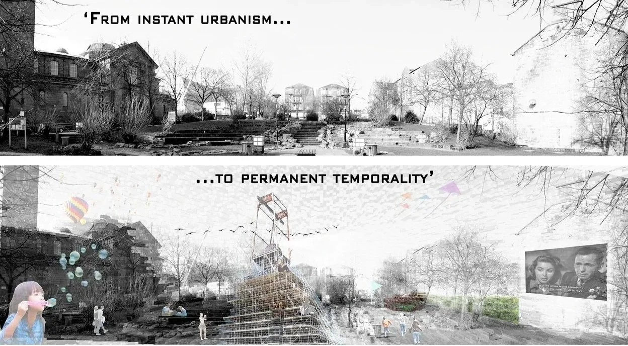 Comparison of an urban park before and after transformation into a permanent cityscape metaverse installation, showing abandoned park with ruins and then a virtualized cityscape with interactive elements and digital art.