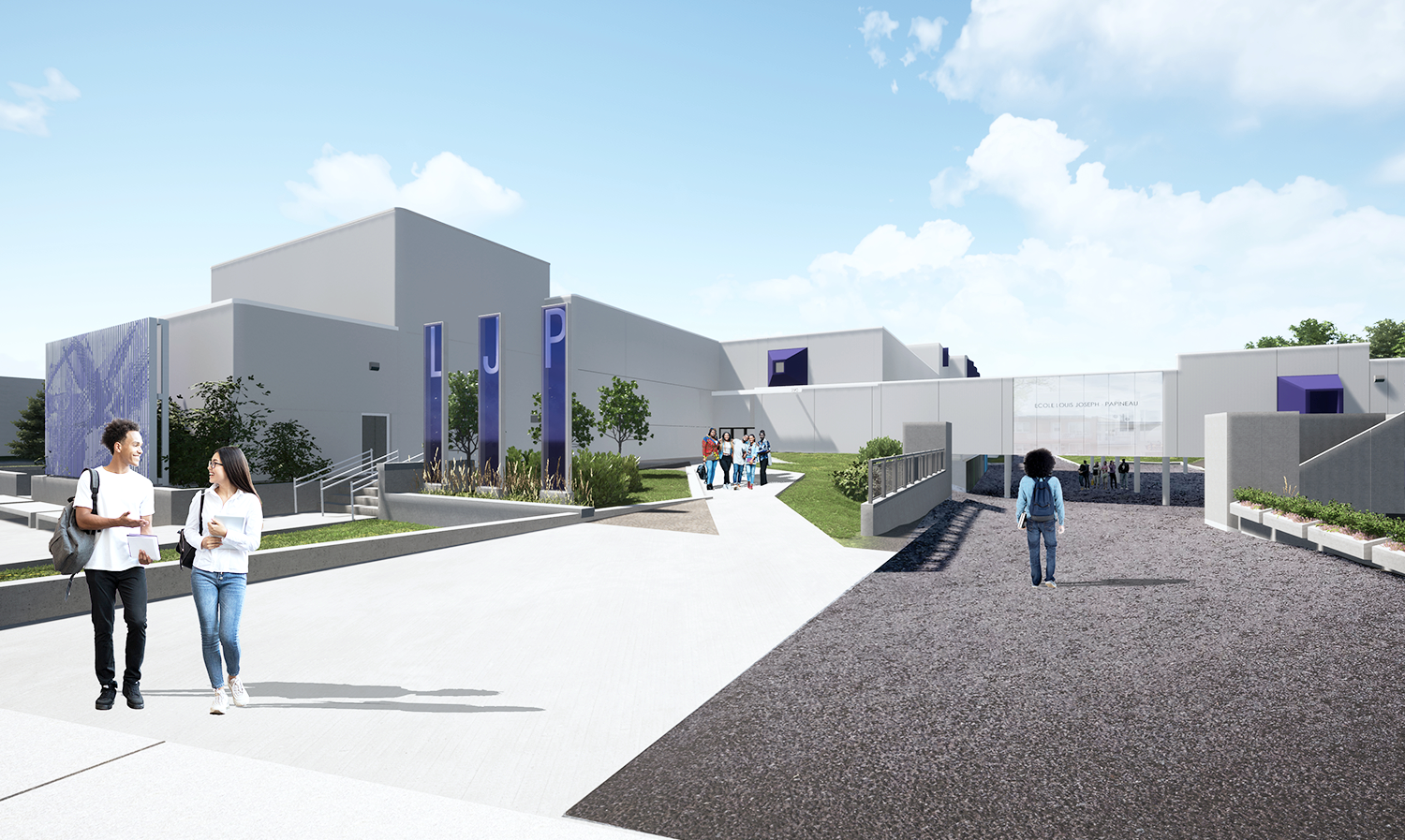 A modern school building with a white facade, purple accents, and a large LUP sign. Students are walking around outside on a sunny day with a blue sky and clouds.