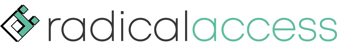 Logo with the words 'radical access' in black and teal letters, and a geometric teal and white emblem.