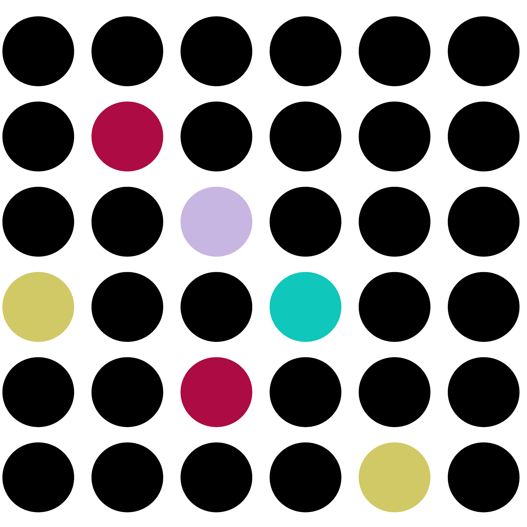 Digital interface with colored circles in a grid pattern, highlighting one maroon circle.