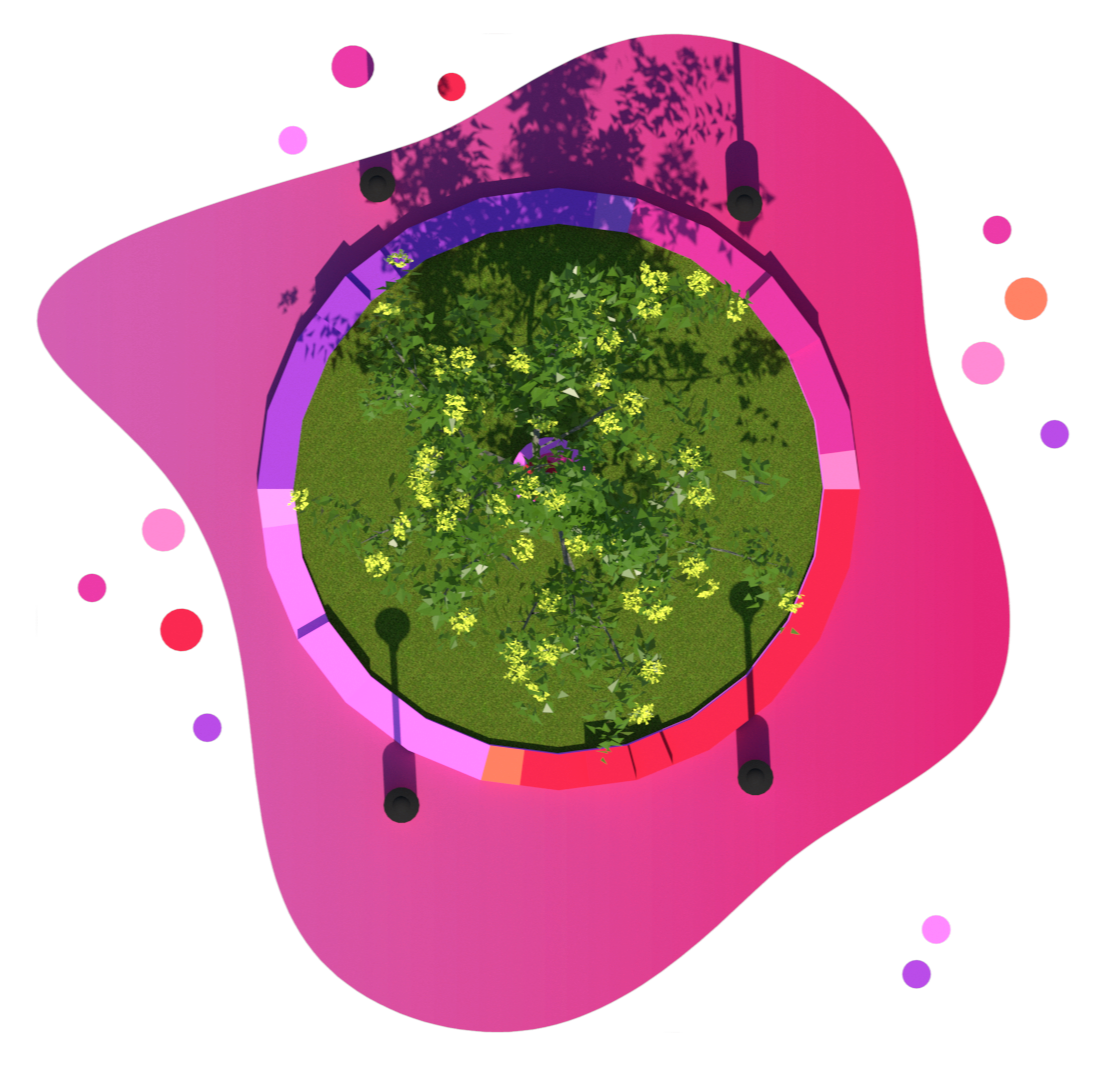 A modern outdoor space with a circular area of lush green grass and trees, surrounded by a pink, futuristic structure with black pole supports and colorful lighting.