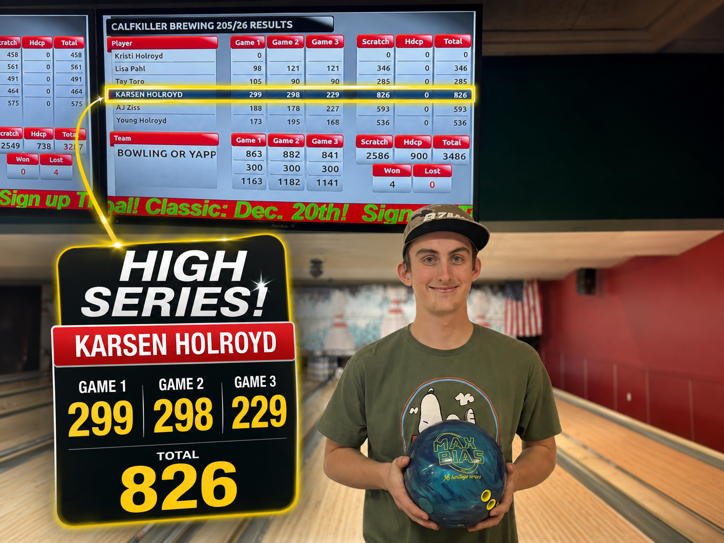 A young man at a bowling alley holding a blue bowling ball, smiling, with a scoreboard in the background showing his scores and a sign highlighting his high series score of 826 points over three games.