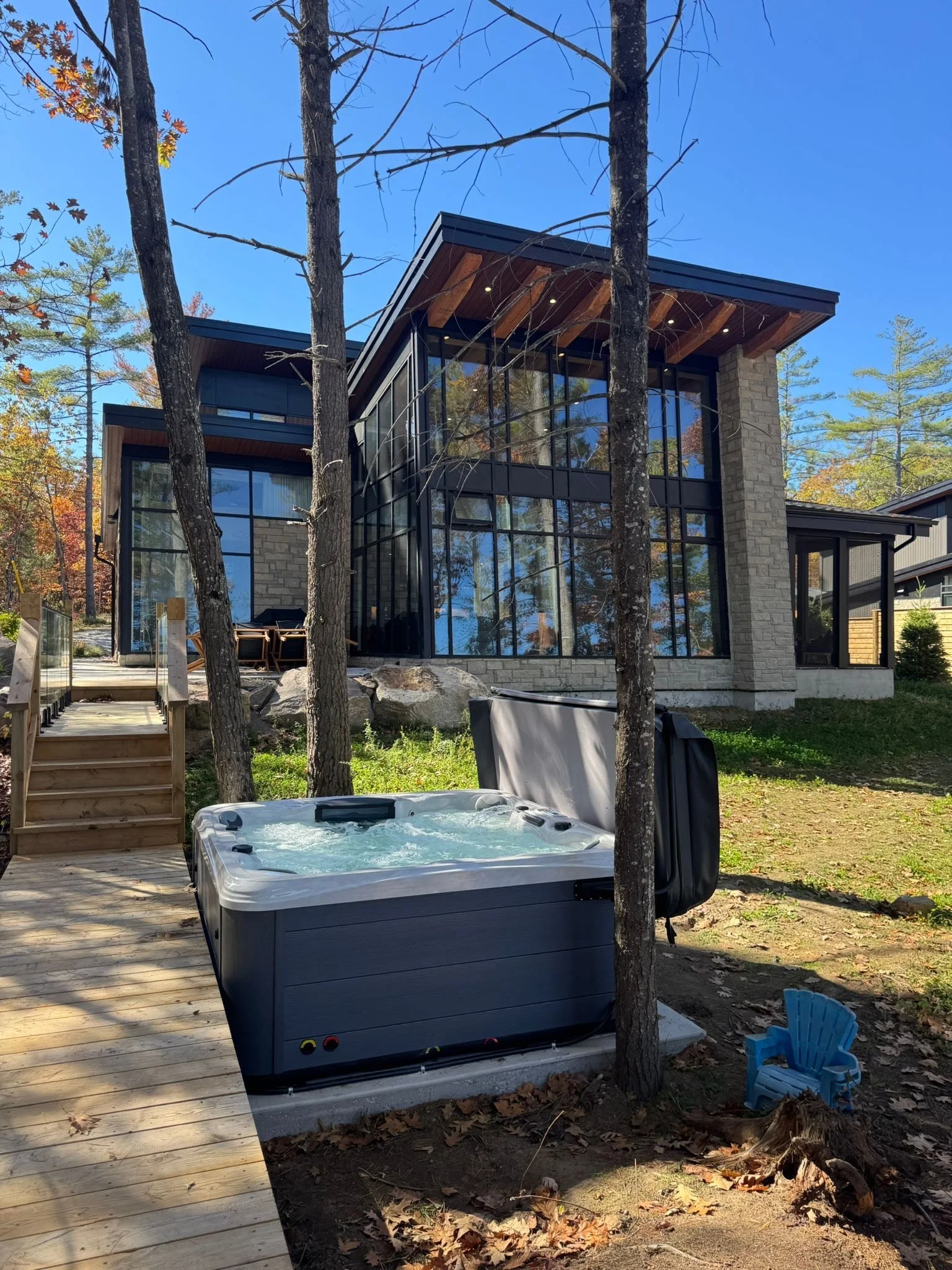 both cottages have two private hot tubs overlooking Muldrew Lake in Gravenhurst