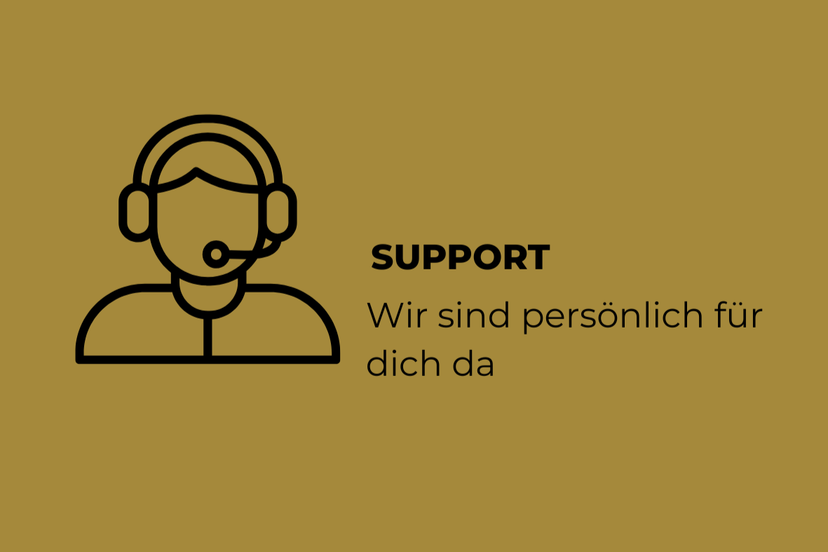 Grafik eines Kundenservice-Mitarbeiters mit Headset, Statement 'Support: Wir sind persönlich für dich da', goldener Hintergrund.
