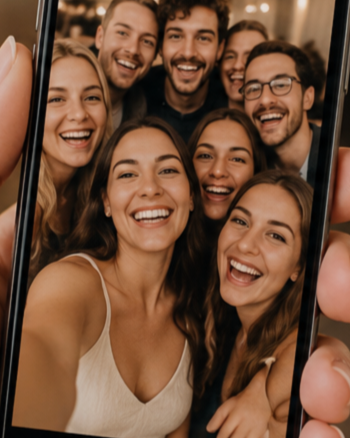 Gruppe junger Menschen macht ein Selfie in einem Aufzug